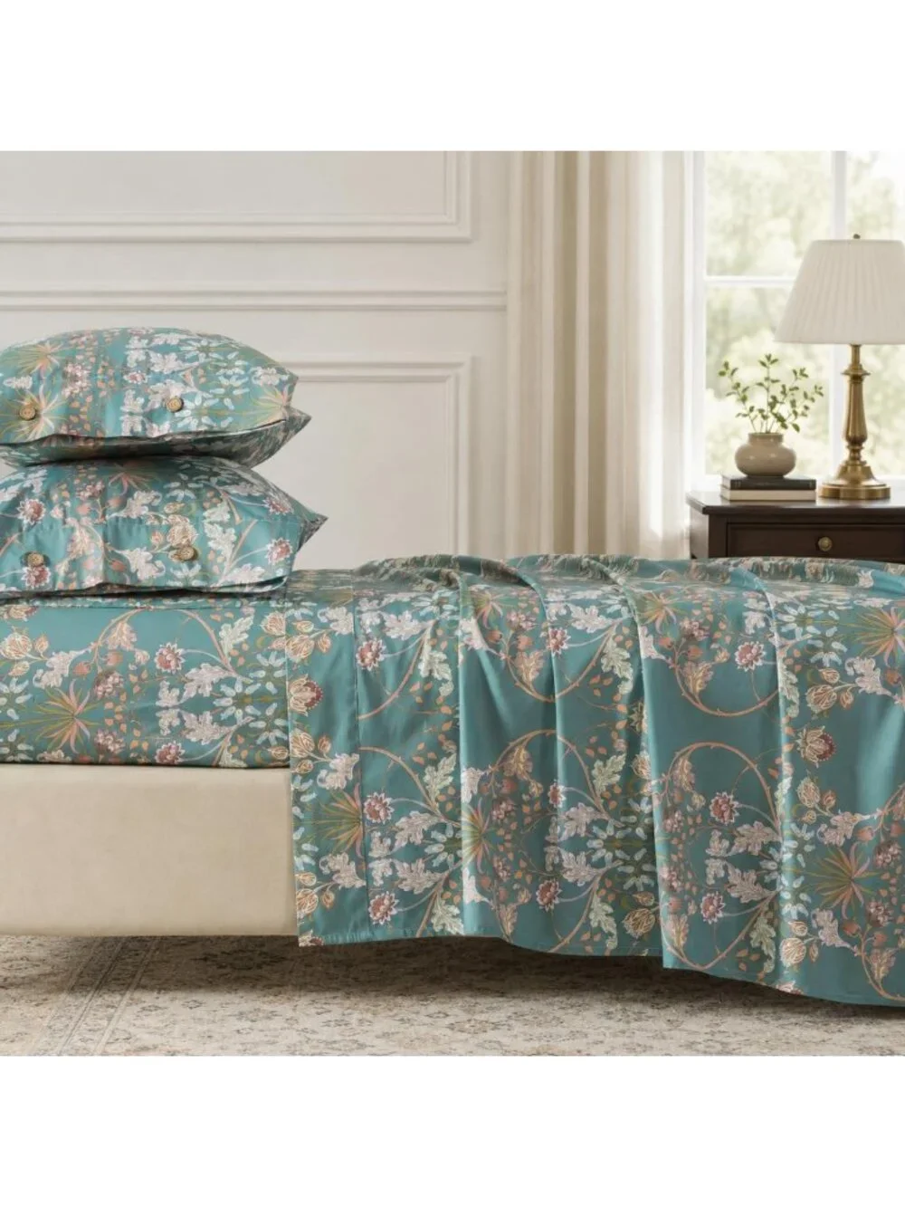 Luxury 100% Cotton Percale King Sheet Set - Teal Floral Print, Soft & Breathable